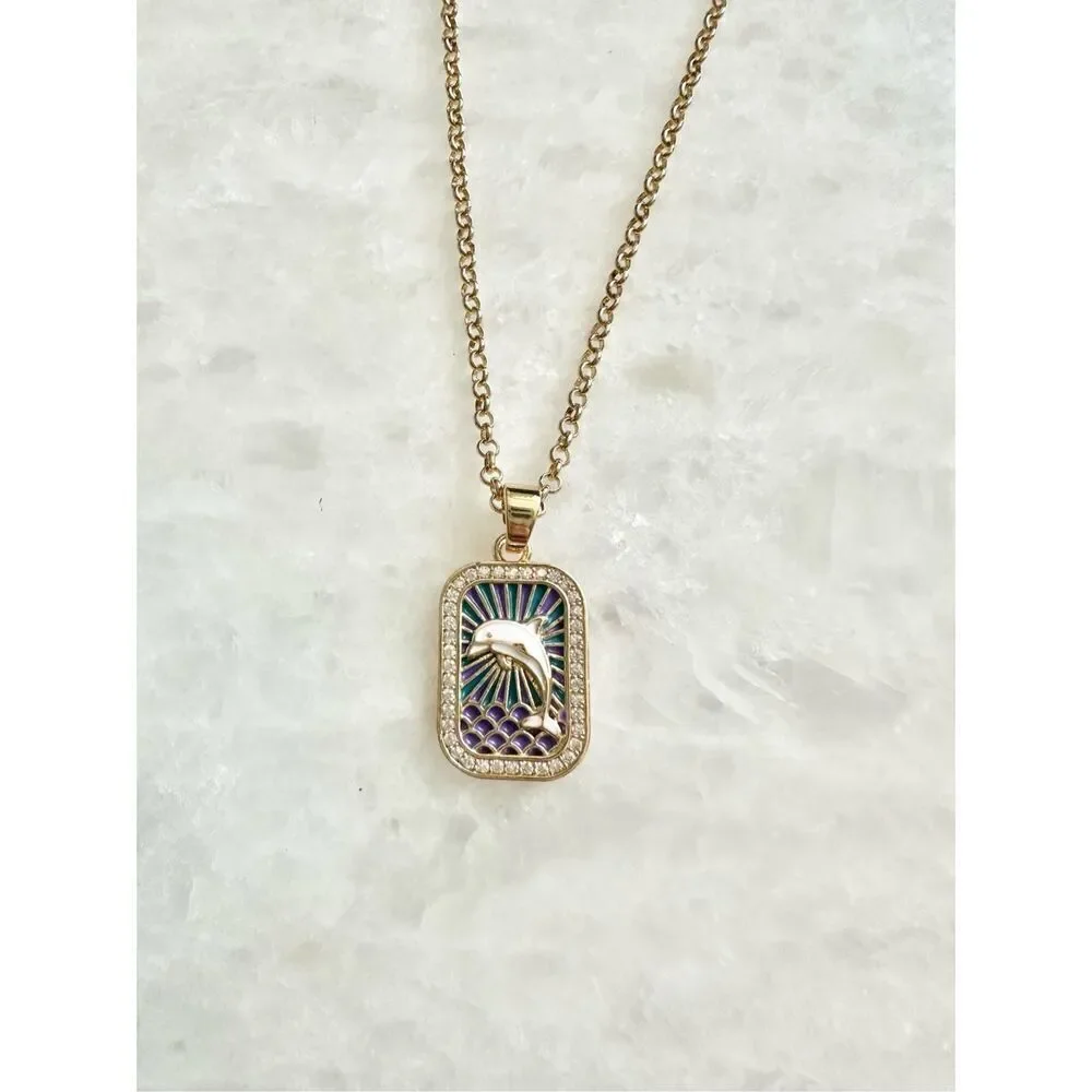 Green and purple dolphin pendant necklace